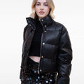 Black Leather Cotton-Filled Puffer Jacket