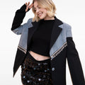Denim Pacthwork Asymmetric Rhinestone Tassel-embellished Suit Jacket