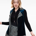 Notched Lapel Houndstooth Tweed and Velvet Spliced Wool-blend Vest Coat