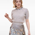 Sliver Metallic Flower-embellished Grey Puff-Sleeves Mohair Wool-blend Top