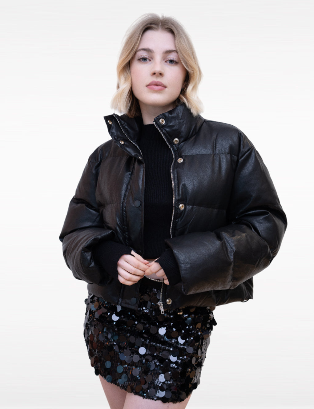 Black Leather Cotton-Filled Puffer Jacket