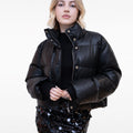 Black Leather Cotton-Filled Puffer Jacket