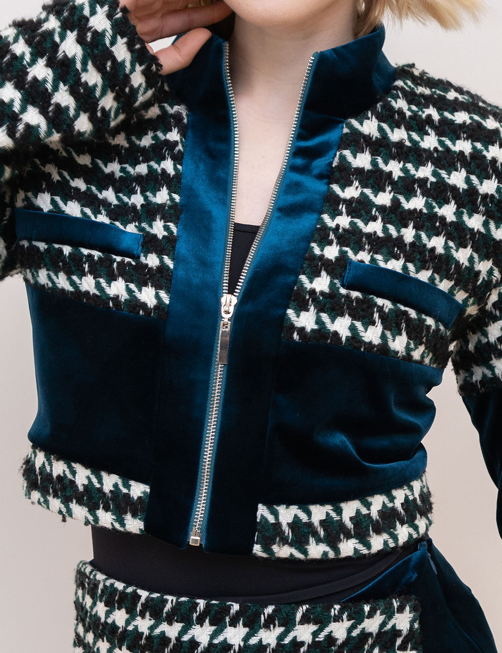 Houndstooth Cropped Wool-blend Tweed and Velvet Spliced Jacket