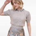 Sliver Metallic Flower-embellished Grey Puff-Sleeves Mohair Wool-blend Top