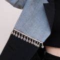Denim Pacthwork Asymmetric Rhinestone Tassel-embellished Suit Jacket