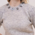 Sliver Metallic Flower-embellished Grey Puff-Sleeves Mohair Wool-blend Top