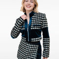 Houndstooth Cropped Wool-blend Tweed and Velvet Spliced Jacket