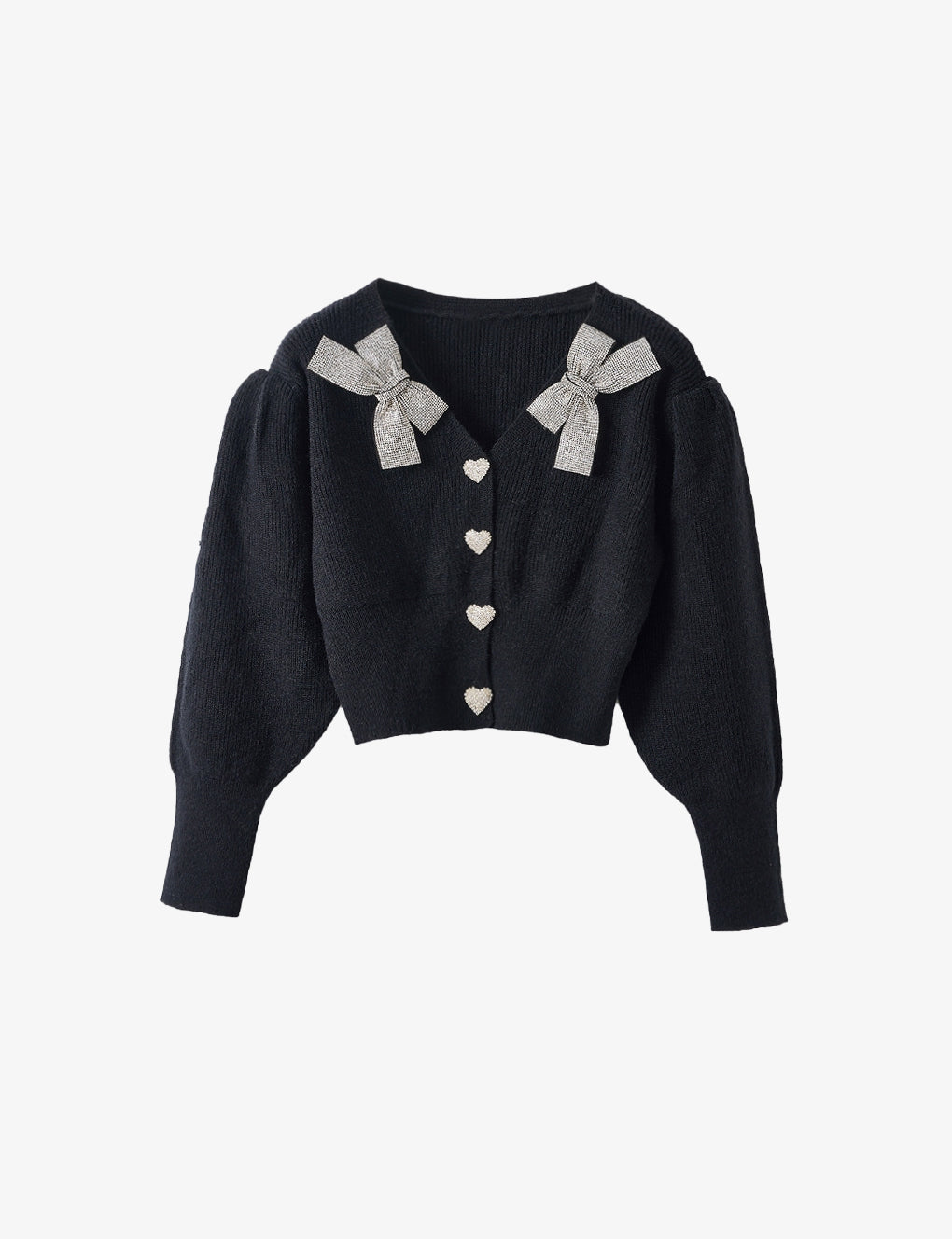 Cropped Bow-embellished Dropped Shoulder Heart-design Button-embellished Cardigan