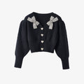 Cropped Bow-embellished Dropped Shoulder Heart-design Button-embellished Cardigan