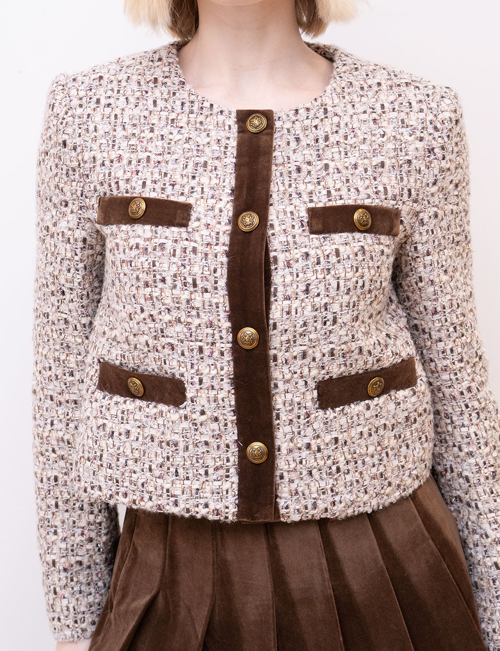 Round-neck Wool-blend Ribbon-trimmed Wool-blend Tweed Jacket