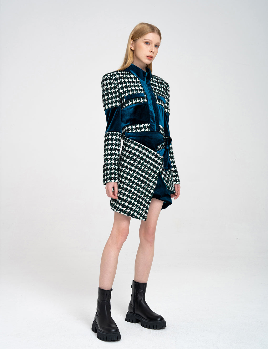 Asymmetric Houndstooth Tweed and Velvet Spliced Wrapped Wool-blend Mini Skirt
