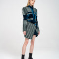 Asymmetric Houndstooth Tweed and Velvet Spliced Wrapped Wool-blend Mini Skirt