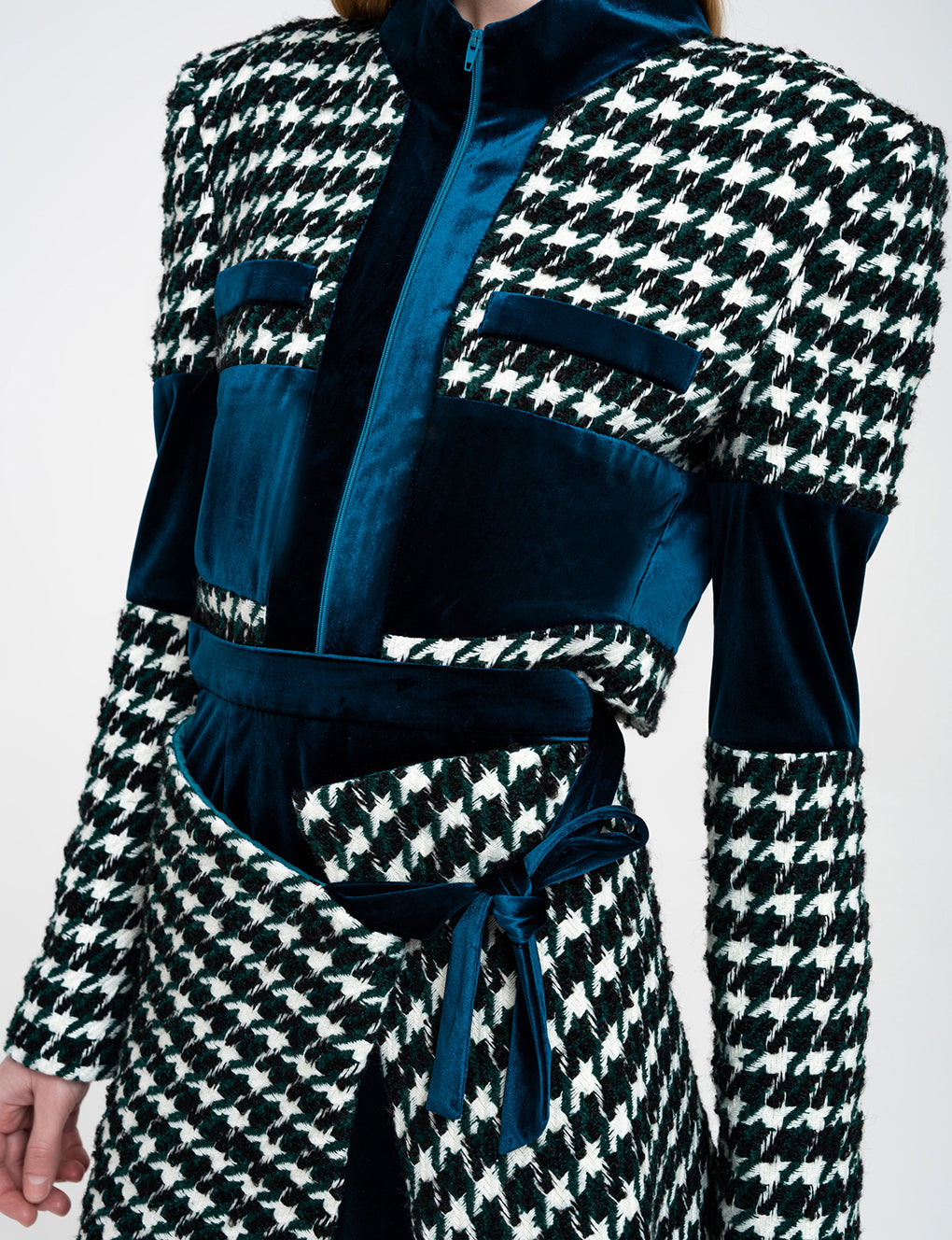 Asymmetric Houndstooth Tweed and Velvet Spliced Wrapped Wool-blend Mini Skirt