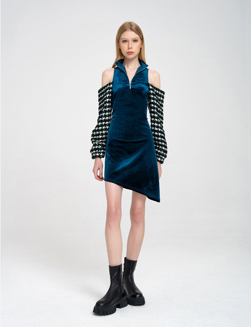 Half-zip Cold-shoulder Houndstooth Sleeves Velvet Asymmetric Dress