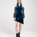 Half-zip Cold-shoulder Houndstooth Sleeves Velvet Asymmetric Dress