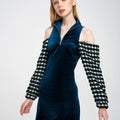 Half-zip Cold-shoulder Houndstooth Sleeves Velvet Asymmetric Dress