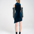 Half-zip Cold-shoulder Houndstooth Sleeves Velvet Asymmetric Dress