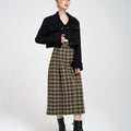 Button-embellished Checked Wool-blend Pleated Dress