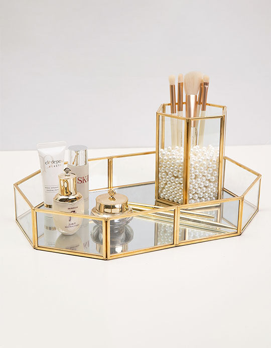 Gold & Glass Mirrored Jewellery Tray Polygon